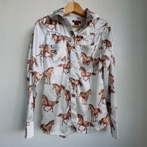 Rock & Roll Denim Horse Print Western Blouse Satin Snap Fringe Spread Collar S